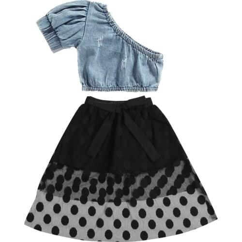 Infant Kids Baby Girls Casual Two-piece Clothes Set, Solid Color Irregular Collar Tops and Black Wavy Points Pattern Skirt 1-5Y