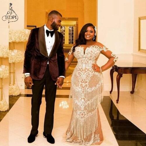 Luxury Lace Tassels African Prom Dresses 2021 New Illusion Long Sleeves Mermaid Bride Dress Plus Size Black Woman Evening Gowns