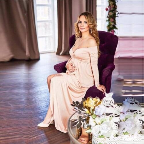 Sexy Shoulderless Maternity Dress Photo Shoot Maxi Gown Front Split Pregnancy Women Pregnant Photography Props Clothes 2021 New