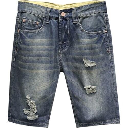 Summer New Mens Jeans Short Fashion Casual Slim Fit Vintage Water Wash Ripped Hole Destroyed Denim Shorts Male Bermuda