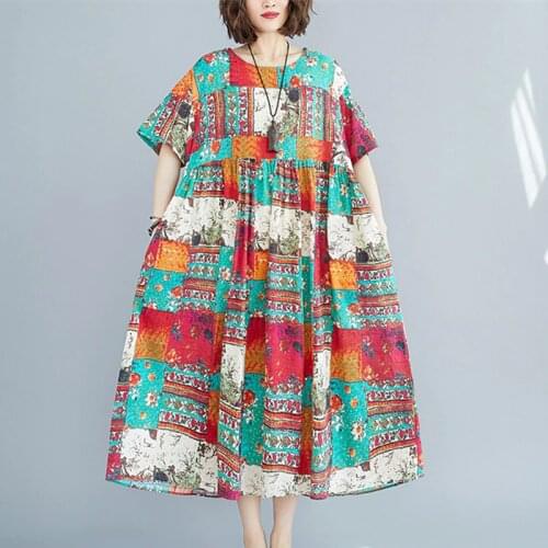 Short Sleeve Loose Summer Dress Cotton Linen Print Floral Prairie Chic Vintage Dress Plus Size 5XL Women Holiday Casual Dress