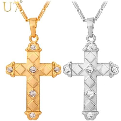 U7 Latin Cross Necklace Trendy Gold/Silver Color Wholesale Rhinestone Pendant Necklace For Women/Men Jewelry P500