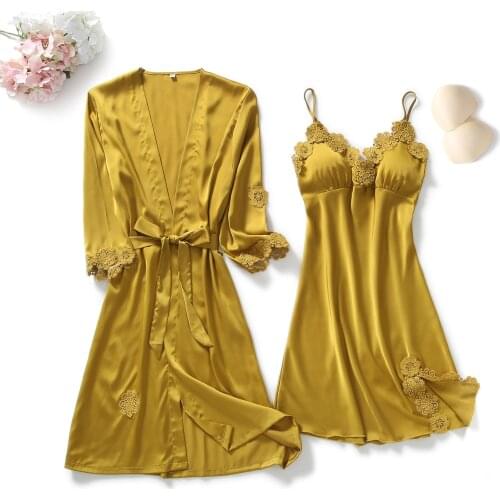 Yellow Robes Suit Autumn Women Nightgown Sets 2 Pieces Nightdress Bathrobe With Chest Pad Female Satin Kimono Bath Gown Sleepwea