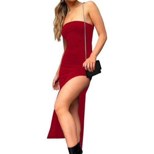 Women Off Shoulder High Split Bandeau Bodycon Tube Dress Formal Dress for Banquet Slim Lady Fashion Length Vintage Wear Dresses