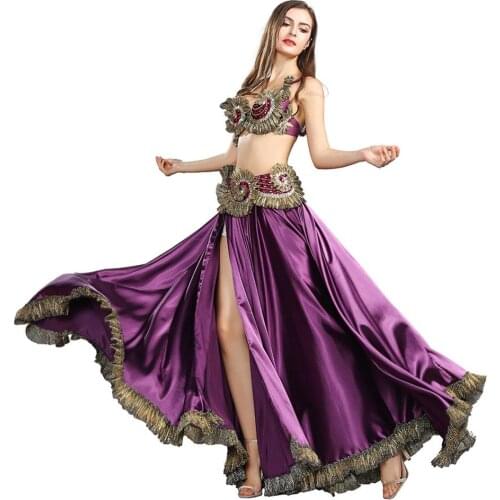 Tribal Belly Dance Clothes Women 3 Pieces Dancing Outfits Beads Bra Belt Big Swing Skirts Gypsy Dance Costume dance set 119084