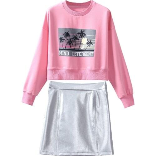 Women suit set casual fashion pink coconut tree pattern loose round neck sweatershirt and silver leather skirt 2 piece set BP-33