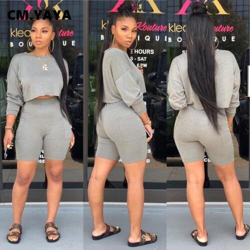 2020 Summer Women Two Pieces Sets Tracksuits Full Sleeve Crop Tops Shorts Suit Sporty Fitness Night Club 2 Pcs Outfit GL6681