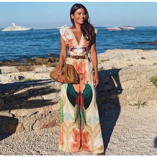 Casual Beach Boho Floral Print Jumpsuit Women Summer 2020 V-Neck Loose Sleeveless Overalls Wide Leg Rompers Womens Jumpsuit