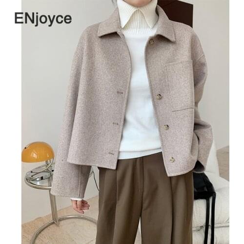 2020 Women Autumn Winter Elegant Short Cashmere Overcoat Wool Double-Sided Plush Coat Female Loose Long Sleeve Chic Cloak