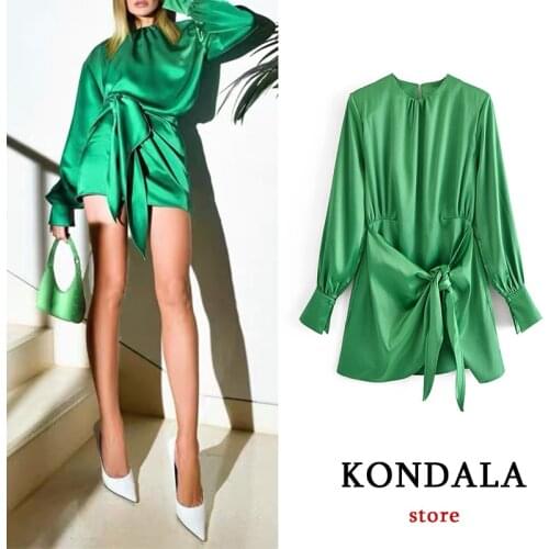 Women Chic Green Sashes Sheath Mini Dress Za 2021 O Neck Long Sleeve Stain Party Dress INS Fashion Elegant Mujer Vestidos