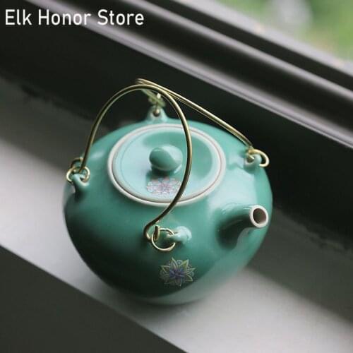 175ml Handmade Turquoise Glazed Ceramic Teapot Japanese Style Small Loop-handled Teapot Flower Art Teakettle Single Master Pots