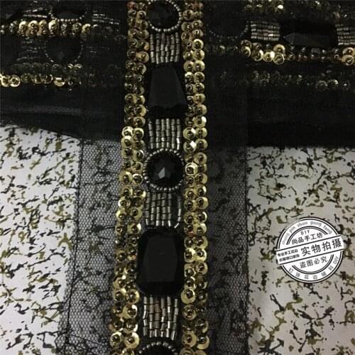 2Yards Pearl Rhinestone Gold Beaded Lace Trim Vintage Mesh Fabric Paillette Sequin Chemical Lace Wedding Dress Dentelle Applique