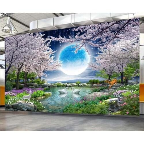 3D Mural Wall Paper Moon Cherry Blossom Tree Nature Landscape Wall Painting Photo Wallpaper Home Decor Contact Paper Custom