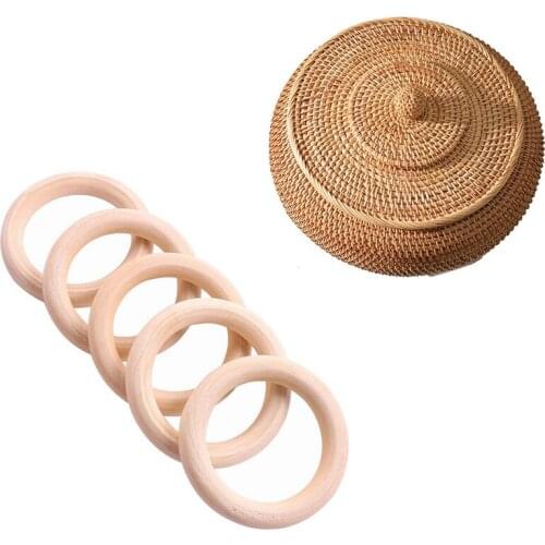 Promotion! 5X Wooden Ring for Crafting DIY Craft Jewelry 30mm & 1x Rattan Boxes with Lid Hand-Woven Multi-Purpose Wicker Tray