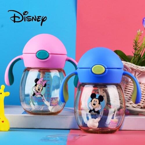 Disney 240ML Baby Cups Cute Minnie Mickey Mouse Child Straw Handle Shatter-resistant Children Learn To Drink Cup Birthday Gifts