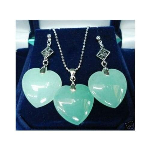 Hot sell good wholesale beautiful silver plated heart shape green jade earring and pendant jewelry set