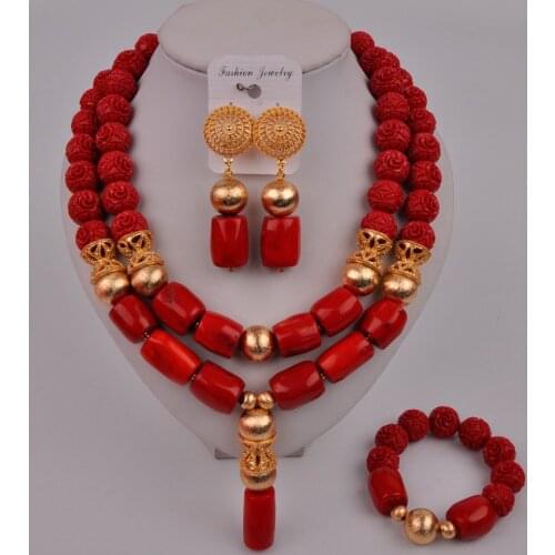 Red Coral Necklace African Beads Jewelry Set Nigerian Wedding Coral Set Bridal Jewelry Sets for Women 2-04-C3