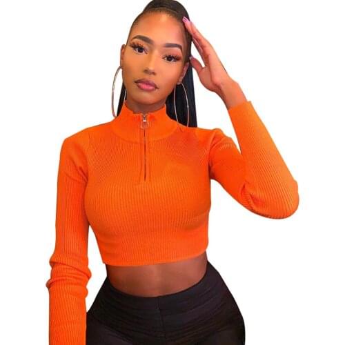 Fashion Women Zipper Shirts Autumn Clothes Long Sleeve Slim Cropped Tops Solid Color Blouses Turtleneck Bare Belly Tops