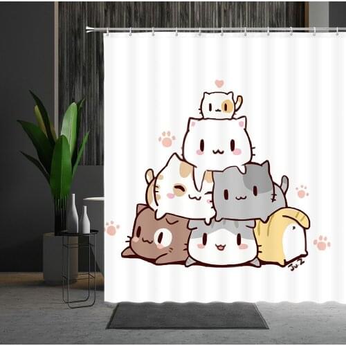 Cartoons Child Shower Curtain Interesting Cat Printing Pattern Hanging Curtain Bathroom Partition With Hooks Multiple Size