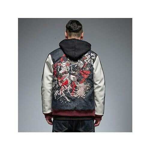Men Boys Denim Yokosuka Swordsman Heavy Work Embroidered Jackets Coats Ukiyoe chrysanthemum Sakura PU Sleeve Patchwork Splicing