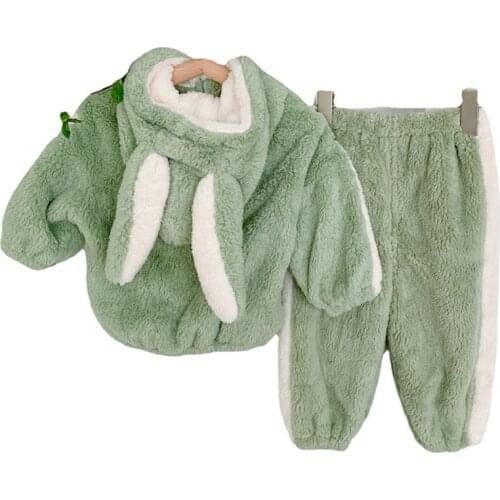 2021 Autumn Girls Clothing Sets Toddler Girls Coral Fleece Warm Hooded Jacket Coats Pants Suit Kids Cartoon Thick Clothes Set
