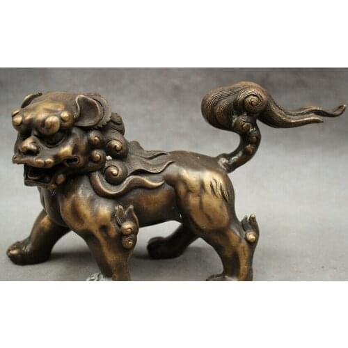 Song voge gem S2755 9" Chinese Pure Bronze FengShui Wealth Fu Dog Lion Head Statue PiXiu Sculpture