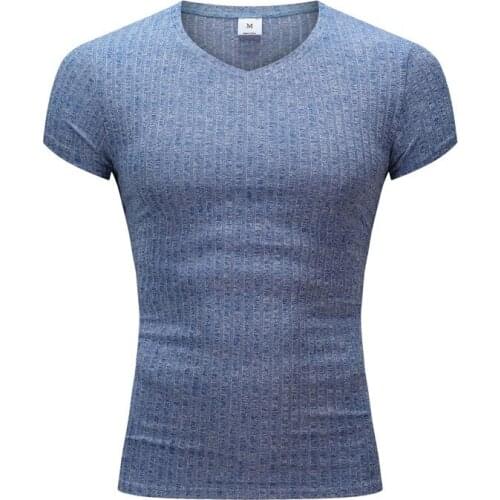 Casual Breathable Tshirts Running V Neck Short Sleeve T-Shirt Men Fitness Sports Striped Fashion Top Summer Workout Clothes