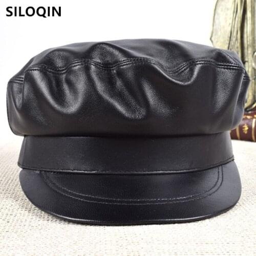 SILOQIN natural genuine leather hat army Military Hats for men sheepskin leather caps womens hat Punk retro leather black cap