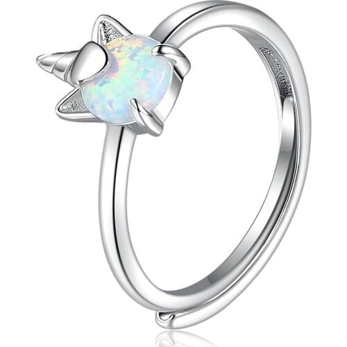 SILVERHOO 925 Sterling Silver Ring Sparkle Opal Unicorn Design Women Rings Couple Wedding Anniversary Gift Adjustable Jewelry