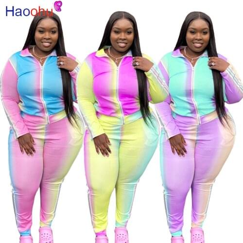 Sport Rainbow Sweatsuit Womens Set Zipper Jacket Pencil Pants Set Active Tracksuit Two Piece Fitness Plus Size L-5XL Outfits