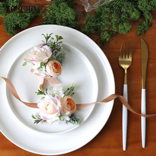 YO CHO Wedding Boutonniere Bride Wrist Corsage Silk Rose Bridesmaid Wrist Flower Girl Bracelet Sister Corsage Men Brooch Flowers
