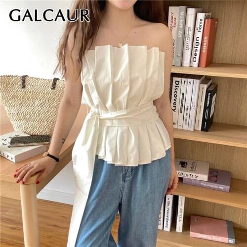 GALCAUR White Ruched Zipper Vest For Women Strapless Sleeveless Off Shoulder Minimalist Solid Vests Female 2021 Clothing Summer