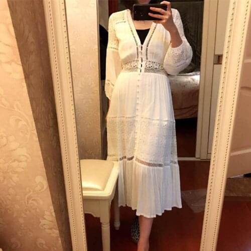 Women Bohemian Floral Lace Crochet Maxi Dress Gorgeous White Half See-through Wrap Maxi Dress Holiday Party Dress