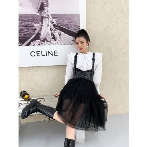 Women dress 2021 spring new street mesh stitching black leather strap mesh dresses