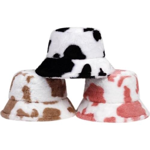 Winter Cow Print Plush Bucket Hats for Women Tourism Outdoor Warm panama Hat Soft Velvet Fisherman Cap Lady Fashion bucket hats