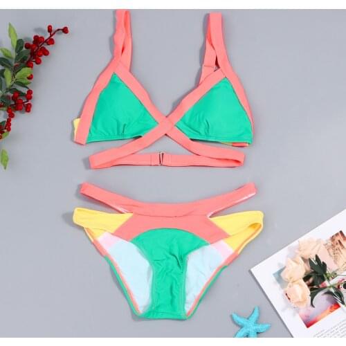 2021 Summer Sexy Patchwork Print Bikini Set Women Low Waist Swimsuit Push Up Thong Brazilian Biquini Swimwear Badeanzug #J2P