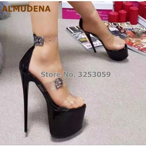 ALMUDENA Sexy 16CM High Heels Platform Sandals Black Patent Leather Clear PVC Buckle Strap Dress Shoes Nightblub Pumps Dropship