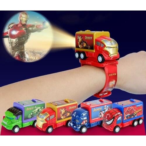 Disney Spiderman Iron Man Hulk Captain America Projection Watch Pull Back Car 2 In 1 Toy Watches Cartoon Anime Marvel Kids Gifts