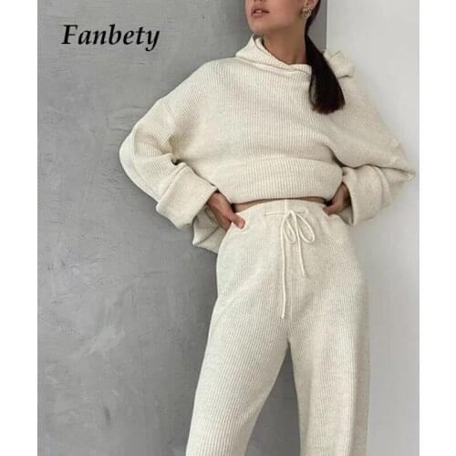 Elegant Solid Long Sleeve Two Piece Sets Women Casual Hooded Rib Knitted Tops And Wide Leg Pants Suit Ladies Homewear Sportswear