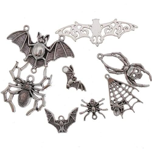 Julie Wang 8PCS Halloween Charms Mix Alloy Spider Cobweb Cat Antique Silver Color Pendant Bracelet Jewelry Making Accessory
