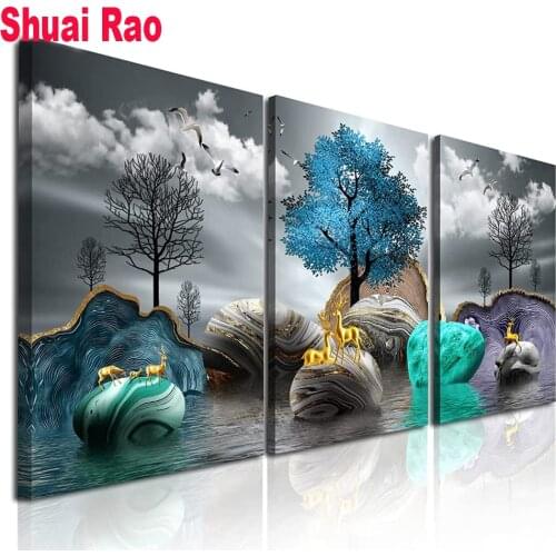3 Piece Gren Tree Landscape Deer Stone Diamond Embroidery Picture Of Rhinestones Home Decor Diamond Painting Full Square