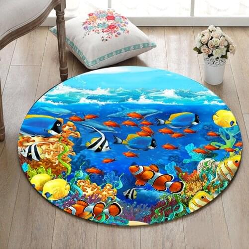 Round Living Room Floor Area Rugs Childrens Room Cushion Bathroom Non-Slip Carpets Study Door Mat Corals And Fish Are Under Sea