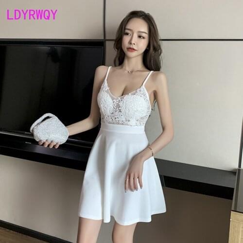 LDYRWQY 2021 new low-cut see-through lace stitching strap nightclub sexy dress Knee-Length Regular V-Neck