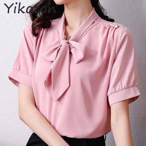 2021 Summer Blouse Shirt Fashion Short Sleeve Elegant Work Wear Chiffon Casual Pink Shirts Top Japan Korean Style Plus Size 5XL
