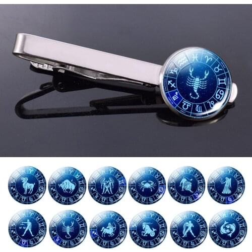 Men Birthday Gifts 12 Constellation Tie Clips Alloy Tie Bar Clip Pins Zodiac Signs Jewelry Tie Accessories