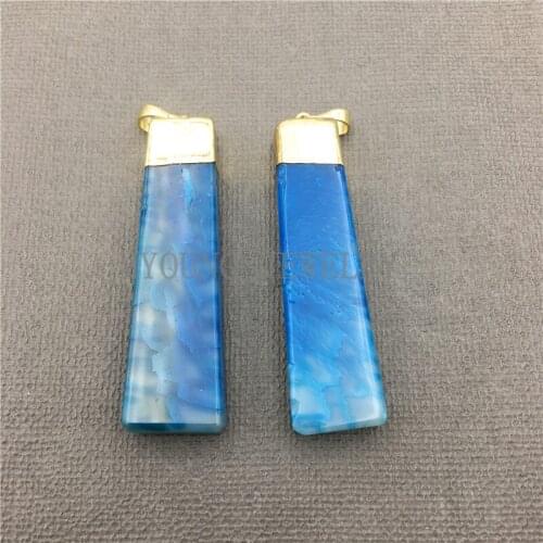 MY0617 Mystic Blue Rectangle Pillar Agates Pendant Charm,Column Shape With Pure Gold Cap and Bail Necklace Pendant