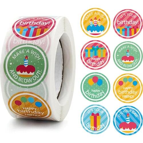 Newly Cartoon Happy Birthday Stickers Roll 500-Count Stickers Round Birthday Gift Decoration Cute Stationery Stickers Labels