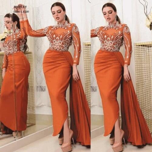 New High Neck Long Sleeve Muslim Sexy Evening Dress 2020 Crystals Beaded Arabic Gowns Kleider Damen Dress Party Robe De Soiree