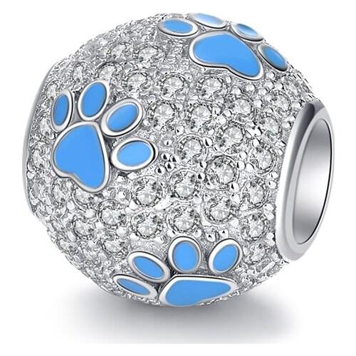 Fine Fit European Bracelet 925 Sterling Silver Full Clear Stone Charm Blue Enamel Dog Paw Round Beads for Women Diy Jewelry