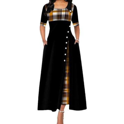 Plus Size Summer Womens Dress Irregular Plaid Midi Round Neck Half Sleeve Button Summer Elegant Casual Party Girl Clothes